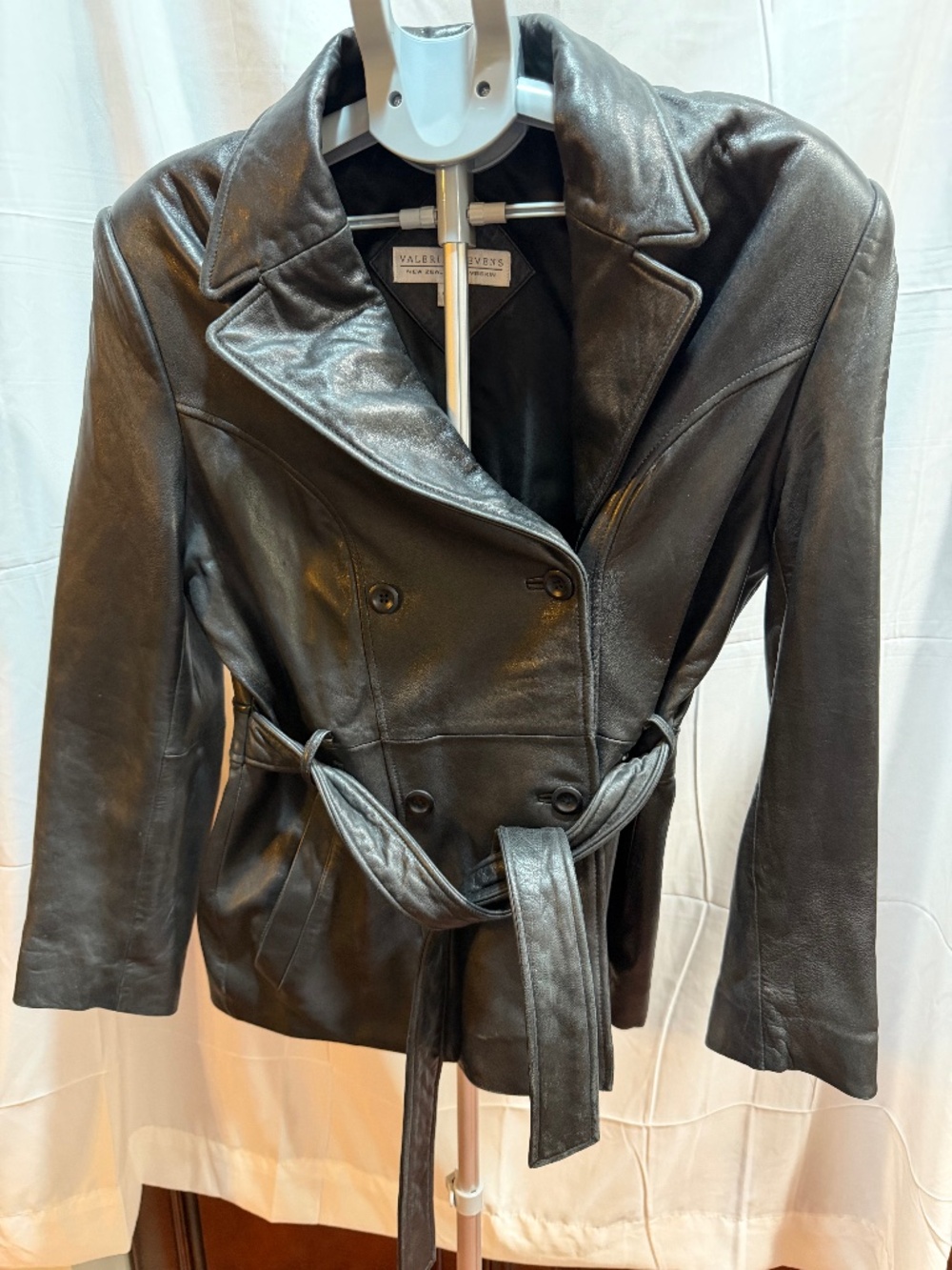 Vintage Valerie Stevens Black New Zealand Lambskin Leather Belted Peacoat S
